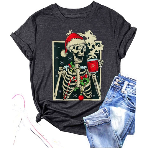 FCDIED Dead Inside Skeleton Christmas Shirt Women Novelty Skull Coffee Graphic Tee Tops Coffee Lover Xmas Gift Tshirt