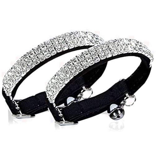 CHUKCHI Soft Velvet Safe Cat Adjustable Collar Bling Diamante with Bells,11 inch for Small Dogs and Cats (Black - 2 Pack)