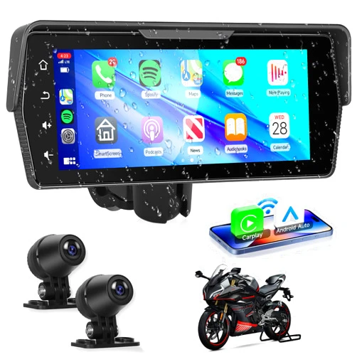 METEESER Motorcycle Front+Rear Dash Cam,6.86 inch IPS 1280x480P Touch Screen,1080P Motorcycle Camera DVR,Wireless Carplay&Android Auto,GPS,IP67 Waterproof,120°Wide,Bluetooth5.0,TF,PhoneLink for Motorbike