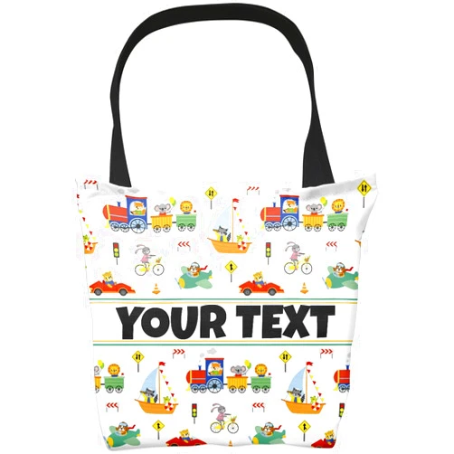Bouncing Brick Designs Personalized Tote Bag - Vehicles, Custom Name/Text, Reusable w/Straps, Canvas Cloth Fabric, Customized Gift Idea, Birthday/Christmas/Holiday Present, 16x16
