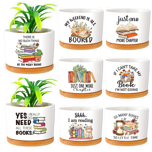 FoldTier 8 Pcs Book Club Gifts Mini Ceramic Succulent Plant Pot with Bamboo Tray Book Lovers Gifts for Christmas Librarian Lovers Bookish Group Club Bookworm