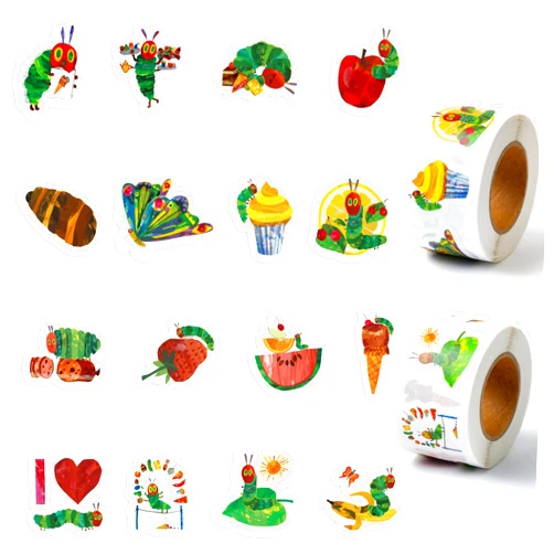 Andi Cppss Hungry Insects Roll Stickers - 1000PCS Cartoon Very Hungry Little Green Caterpillar Stickers in 2 Rolls, Colorful Nature Apple Butterfly Bugs Animal Stickers for Kids, School Prizes Rewards