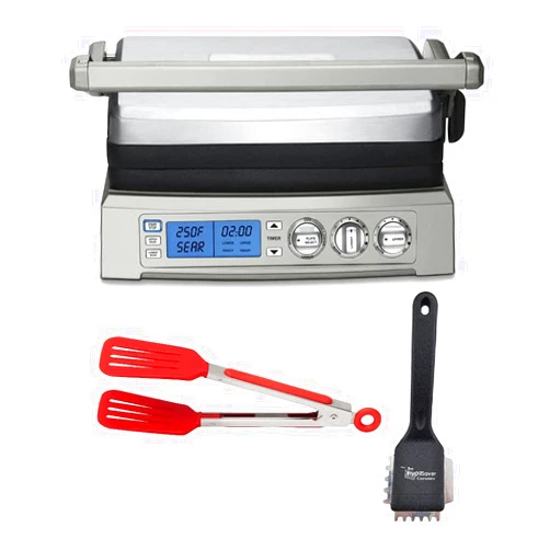 Cuisinart GR-300 Elite Griddler with Heavy Duty Small Grill Brush and 8-Inch Nylon Flipper Tongs Bundle (3 Items)