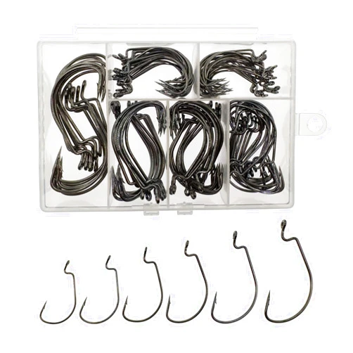 Afmivs Worm Hooks for Bass Fishing Hooks, 110pcs Bass Hooks Fishing, 6 Sizes Fishing Hooks Freshwater, Eagle Claw Fishing Hooks Bass #1 1/0 2/0 3/0 4/0 5/0 High Carbon Steel with Portable Plastic Box