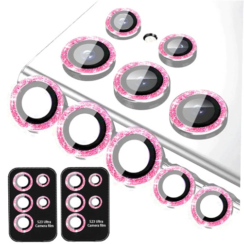 KONVOK [5+5 Pack Compatible with Samsung Galaxy S22 Ultra Camera Lens Protector Glitter Bling, S22 Ultra Camera Cover, Tempered Glass Clear Screen Protector Accessories, Phone Case Friendly (Pink)