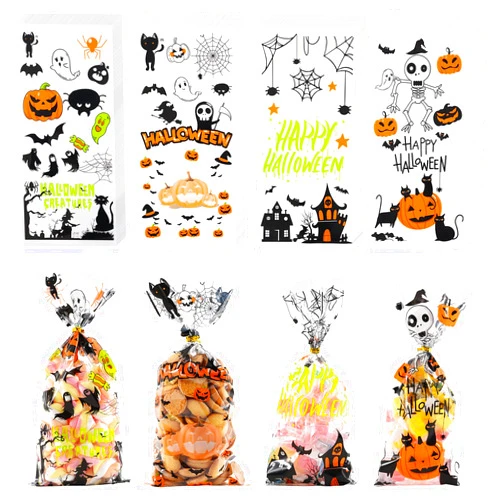 ONFAON Halloween Cellophane Treat Bags, 180pcs Halloween Trick or Treat Goody Gags with 200pcs Twists for Snacks Cookies Packing, Halloween Goodie Bags Party Supplies