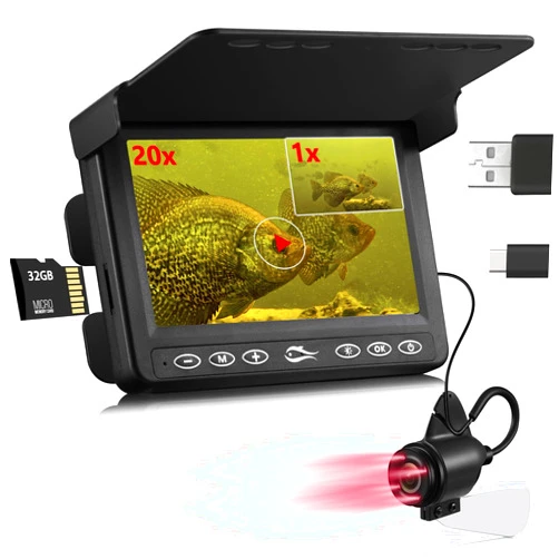 MOQCQGR FishPro Underwater Fishing Camera w/DVR - Portable 4.3'' Ice Fishing Camera Underwater, 3-Grade IR Lighting, 20X Zoom, 32GB SD Card, 1000TVL Ice Fishing Fish Finder for Boat Lake Kayak Ice Fishing