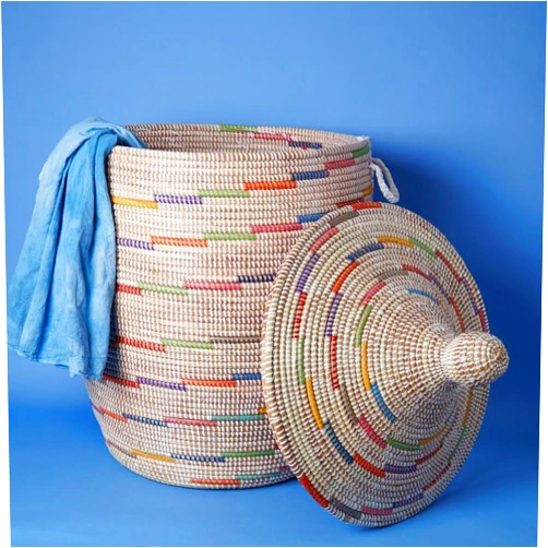 Senegalo Large Handwoven Storage Basket Hooded Lid (White Colorful Swirl)