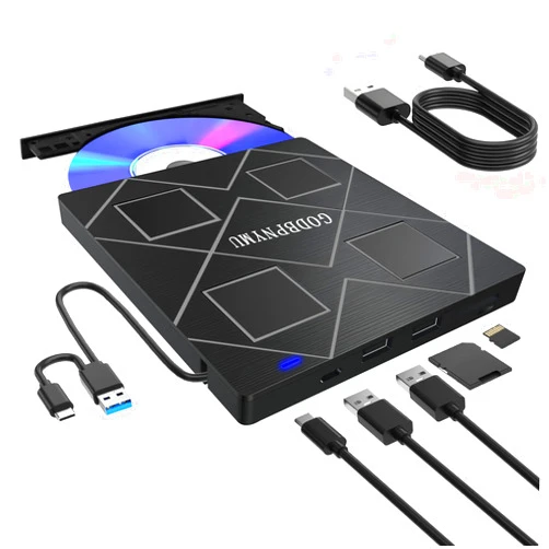 GODBPNYMU 5-in-1 Extemal CD/DVD Drive for Laptop,USB 3.0 & Type-C Portable CD/DvD Rw Burner with SD/TF Card Reader &DVD-ROM Rewritable Player，Compatible with Laptop Pc Desktop, Windows11/10/8/7 Linux Mac os