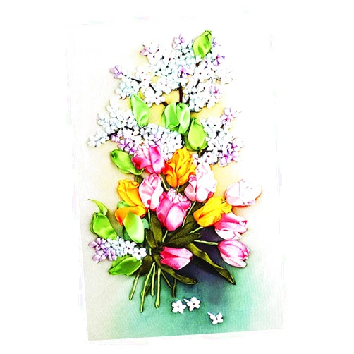Easnea Silk Ribbon Embroidery Cross Stitch Kit DIY Handmade Stick Tulips Flower Murals Oil Painting Ribbon Cross Stitch Arts Craft Kit