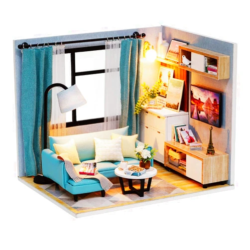 Ogrmar 1:24 Scale Dollhouse Miniature with Furniture, DIY Dollhouse Kit Plus Dust Proof & LED Light, Creative Room Toys for Children Gift (Corner of Living Room)