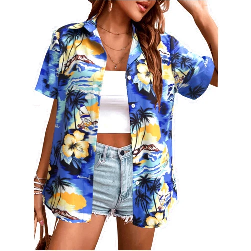OJLPHH Hawaiian Shirts Women Hawaii Tshirt Cool Floral Tropic Print Graphic Tees Tops Button Up Summer Vacation Shirt