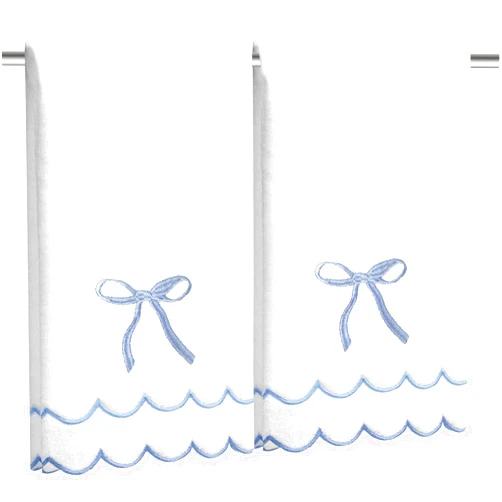 Laoyuandamai 2 Pcs Coquette Bow Hand Towels 15.75 x 27.56 Inch Scalloped Embroidered Dish Towel 100% Cotton Cute Preppy Decorative Bath Hand Towel for Kitchen Bathroom (Blue)