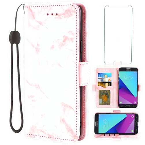 Asuwish Compatible with Samsung Galaxy J3 Luna Pro J 3 Prime 2017 Emerge 3J Eclipse Mission Case and Tempered Glass Screen Protector Cell Card Holder Slot Marble Phone Covers for Glaxay S327VL Pink