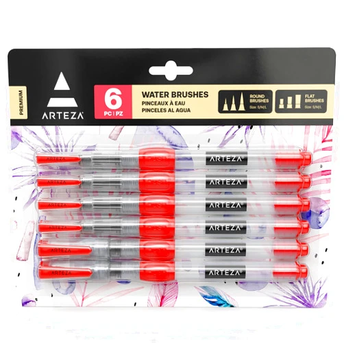 ARTEZA Water Brush Pen, Set of 6, Assorted Soft Nylon Bristle Tips, Self-Moistening Water Brush, Refillable Water Pen