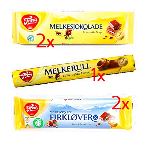 Freia ~ Variety Pack (2 Melkesjokolade 60g, 2 Firklover 60g, 1 Melkerull 74g)