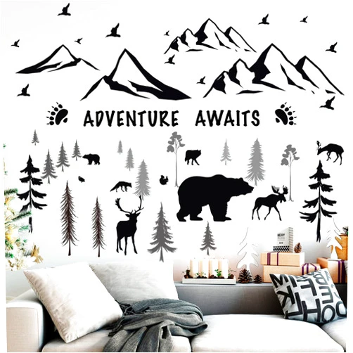 Chinco 4 Sheets Mountain Wall Decal Rustic Nursery Wall Decals Dreamy Forest with Pine Tree Deer Peel and Stick Inspirational Quote Wall Stickers DIY Wall Decals for Kids' Room (Black,11.81 x 9.45 Inches)