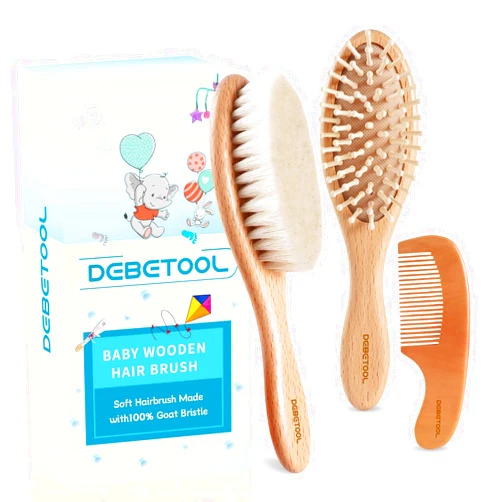 DEBETOOL Baby Hair Brush and Comb Set for Newborns & Toddlers - Wooden Baby Brush Set with Soft Goat Bristle and Toddler Comb, Ideal for Cradle Cap