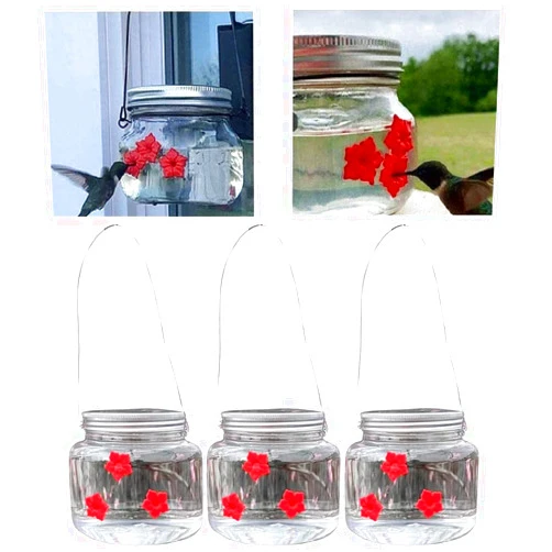 OPLISTE 2023 Beautiful Mason Jar Hummingbird Feeder with 3 Ports, Transparent Window Hummingbird Feeder, 500ml Small Bird Wild Bird Feeding Jar with Feeding Flower Port for Hanging Bird Feeders Outdoors (3PC)