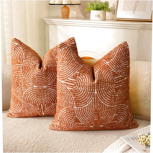 AELS Boho Decorative Textured Throw Pillow Covers 18x18, Organic Modern Mid Century Rainbow Tufted Pillow Case, Farmhouse Rustic Geometric Woven Cushion Case for Bed Couch Sofa, Burnt Orange