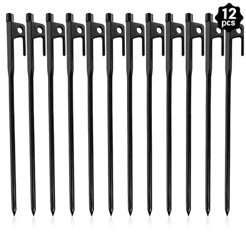 Csdtylh 12 Pack Tent Stakes Heavy Duty, Metal Tent Stakes, Black Camping Stakes, Steel Tent Spikes, Canopy Stakes, Tent Pegs for Car Camping, Yard Decoration, Tarp, Shade Tent, Picnic