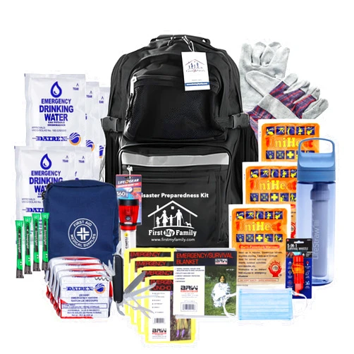 FIRST MY FAMILY A DISASTER PREPAREDNESS COMPANY First My Family All-in-One Premium Disaster Preparedness Survival Kit with 72 Hours of Survival and First-Aid Supplies