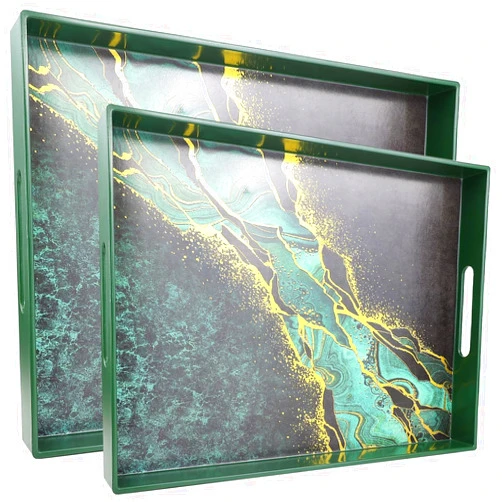 SforGUVA Set of 2 Green Marble Serving Trays with Handles, Plastic Nesting Trays for Coffee Table, Ottoman, Kitchen, Living Room, Outdoor, Patio, Large 15.7”*11.8”*1.6”, Small 13.7”*9.8”*1.4”