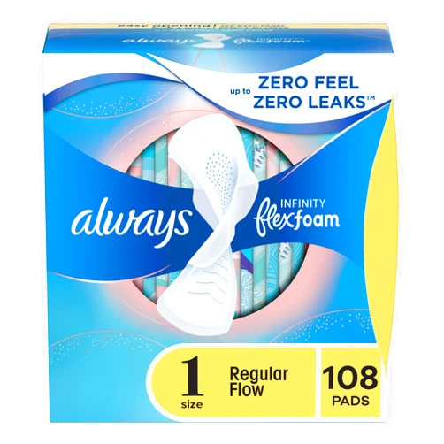 Always Infinity Feminine Pads For Women, Size 1 Regular Absorbency, Multipack, With Wings, With Flexfoam, Unscented, 36 Count x 3 Packs (108 Count total)