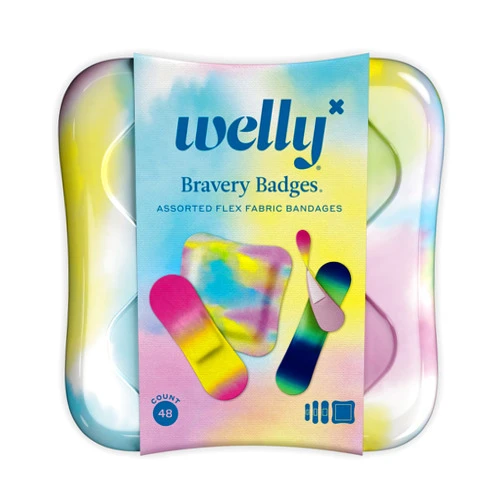 Welly Bandages | Adhesive Flexible Fabric Bravery Badges | Assorted Shapes for Minor Cuts, Scrapes, and Wounds | Colorful and Fun First Aid Tin | Colorwash Tie Dye Patterns - 48 Count