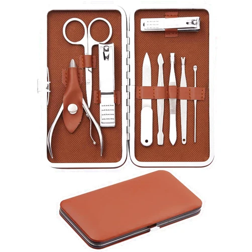 FAMILIFE Manicure Set, FAMILIFE Manicure Kit - Nail Kit Mens Grooming Kit Pedicure Kit 9PCS Gifts for Men Boyfriend Nail Clipper Set Stainless Steel Professional Nail Set Care Manicure Tools Leather Case Brown