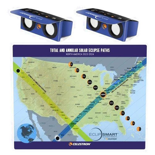 Celestron – 2-Pack EclipSmart Safe Solar Power Viewers – 2X Magnification – Meets ISO 12312-2:2015(E) Standards – Solar Safe Filter Technology – Observe Eclipses & Sunspots – Includes Eclipse Map
