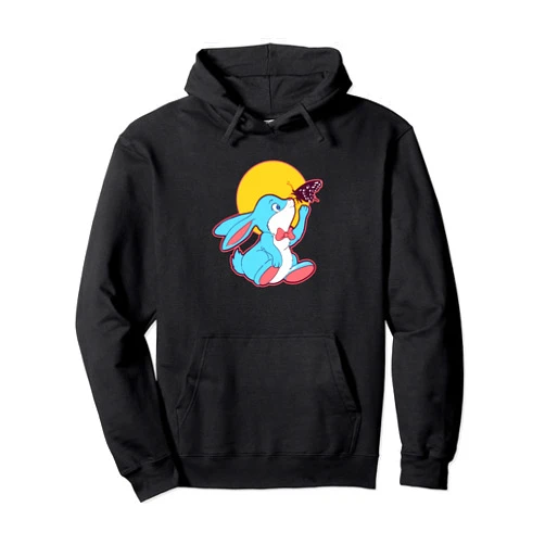 Visit The Bunny Bliss Apparel CUTE BUNNY RABBIT PLAYING WITH BUTTERFLY Adorable Whimsical Pullover Hoodie