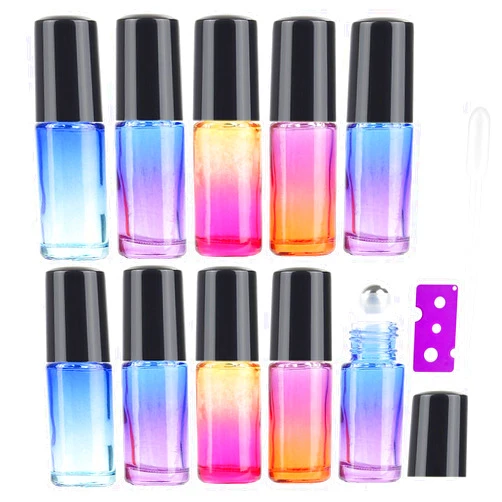 JamHooDirect 10Pcs, 5Ml Essential Oil Roll on Bottles - JamHooDirect Refillable Rainbow Glass Roller Bottles with Stainless Steel Roller Balls & Black Caps & Bottle Opener, Perfect for Aromatherapy