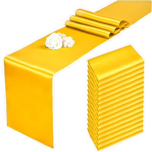 Pesonlook 15 Pack Gold Satin Table Runners 12 x 108 Inch Long Table Runners for Rectangle Round Tables, Smooth Satin Table Runner for Wedding, Birthday Party Banquets Decoration