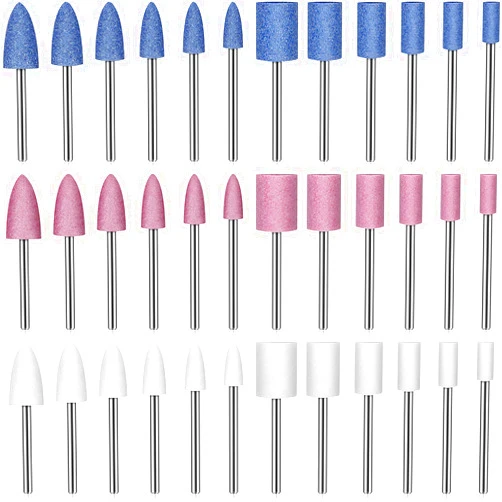 Maitys 36 Pieces Shank Abrasive Mounted Stone Grinding Wheel Head Mounted Points Abrasive Stone Heads Set Grinding Wheel Bits with Plastic Box for Rotary Tool 1/8 Inch Shank 3 Colors 2 Shapes 6 Sizes