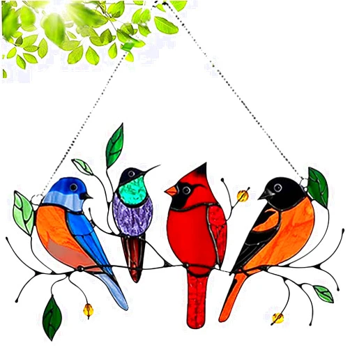Nibally Multicolor Birds on a Wire High Stained Glass Suncatcher Window Hangings Decorations, Bird Series Ornaments Pendant Windows Doors Home Decoration, Gifts for Bird Lover (4 Birds)