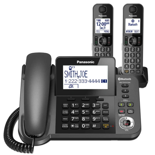 PANASONIC Bluetooth Corded / Cordless Phone System with Answering Machine, Enhanced Noise Reduction and One-Touch Call Block - 2 Handsets - KX-TGF382M (Metallic Black)
