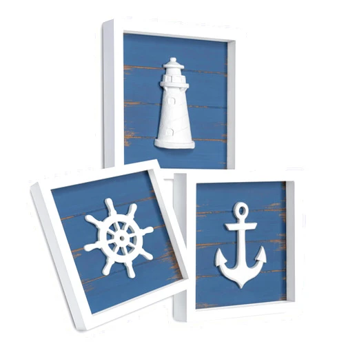 Tide and Tales TideAndTales 3D Nautical Wall Decor (Famed Set of 3) Anchor, Lighthouse and Ship Wheel - Rustic Beach Bathroom Coastal Theme Home Decorations - Nautical Gifts (7