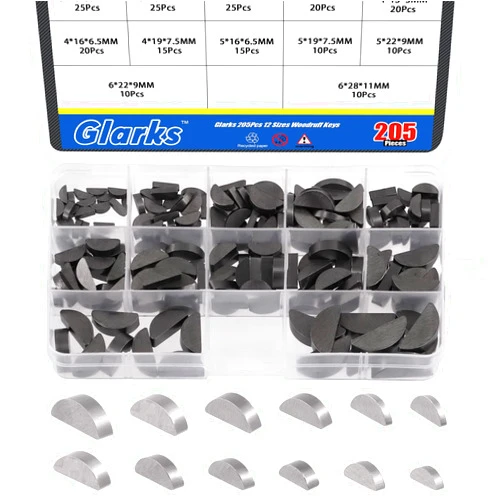 Glarks 205Pcs 12 Sizes Woodruff Keys Assortment Carbon Steel Woodruff-Key Semi-Circular Keys Metric Set for Fasteners Mechanical Industry
