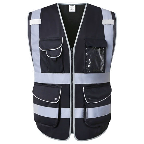 JKSafety 9 Pockets High Visibility Black Safety Vest for Men and Women, Hi-Vis Reflective Safety Vests with Zipper Front, Meet ANSI/ISEA Class 1 Standards (150-Black, Medium)