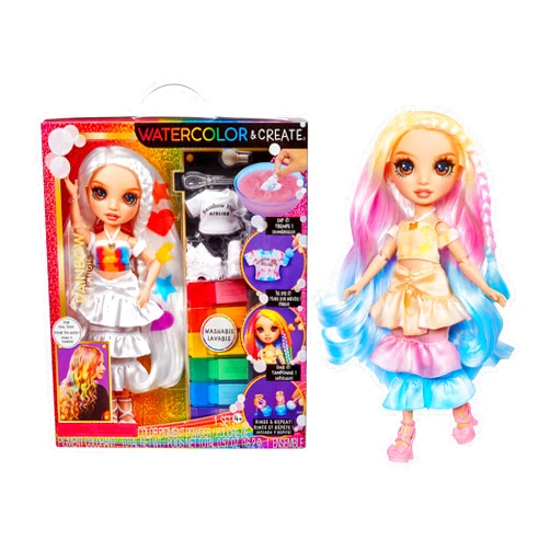 Rainbow High Watercolor & Create Fashion DIY Doll with Washable Watercolors + Tie-Dye Kit, Brown Eyes, Curled Hair, Bonus Top & Shoes. Color, Create, Play, Rinse and Repeat. Creative 4-12+