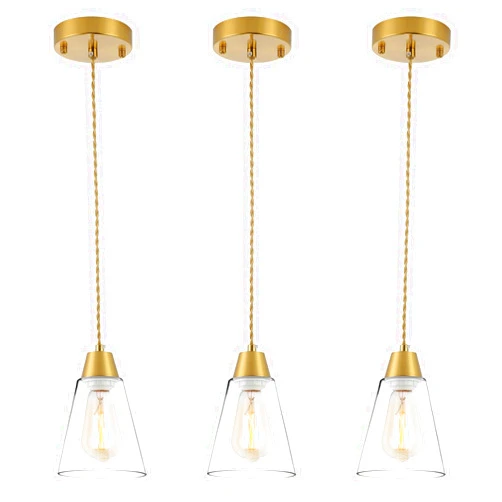 MWZ Gold Pendant Light 3 Pack,Brass Pendant Lights Kitchen Island, Dining Room Lamp Fixtures Over Table with Clear Glass Shade, Modern Mini Chandeliers,Adjustable Cord Hanging Lighting for Sink