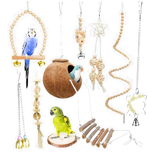 TOLMIOW 9-Piece Parrots Chewing Toy Set - Natural Wood & Rope Bungee Toys for Anchovies, Coconut Hideaway with Ladder, Bird Perch Stand, Cage Accessories for Parakeets, Cockatiel, Conure, Mynah, Macaw