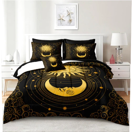 Bedorm Sun and Moon Comforter Set Celestial Galaxy Bedding Set Boho Chic Cloud Stars Moon Down Comforter Black Gold Starry Sky Hippie Bedding Boys Teens Twin Size Bed in a Bag