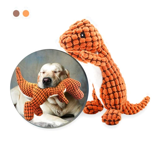 Andiker Stuffed Dog Toy Plush Dog Toy Corduroy Durable Interactive Toy includes Plastic Noise-making Squeaker Dinosaur Shape Plush Toy (Orange)