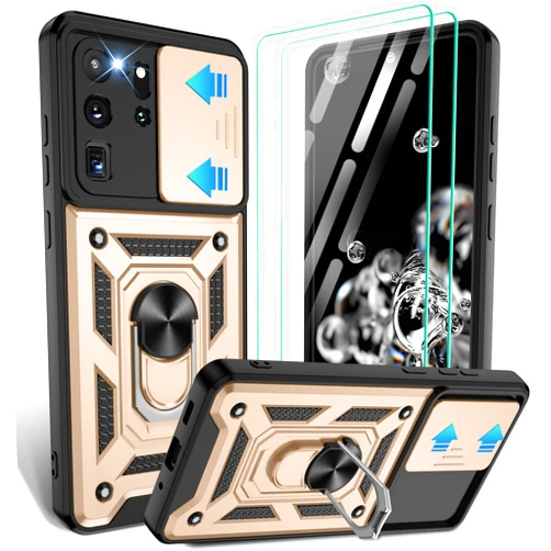 Gritup for Samsung Galaxy-S20 Ultra 5G[6.9 inch] Case with Slide Camera Cover & [HD Screen Protector×2],360°Rotation Ring Kickstand [Military Grade],Gold