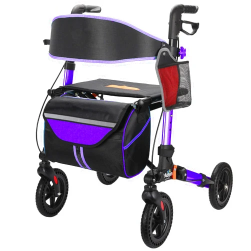 Aojin Rollator Walker for Seniors, Lightweight Foldable All Terrain Rolling Walker with seat, Aluminum Walkers with 8 inch Rubber Wheels, Handles and Backrest for Seniors and Adult.Purple