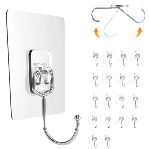 Lsnisni 20 Pack Large Adhesive Hooks, Wall Hooks for Hanging Heavy Duty 22Ib(Max), Clear and Removable Strong Sticky Hooks, Waterproof and Rustproof Multiple Uses for Bathroom Kitchen Office