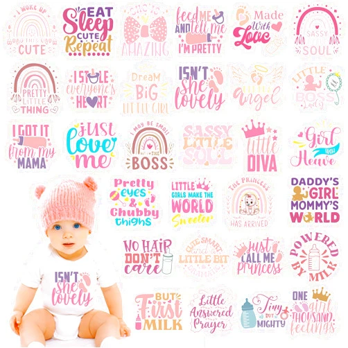 Dazoratix Baby Iron on Transfers - 30 Pcs Pink Ready to Press Heat Transfer Vinyl Stickers Onesie Decorating Kit Bodysuit Patches for Girl Shower Gender Reveal Party T-Shirts Hat DIY Crafts