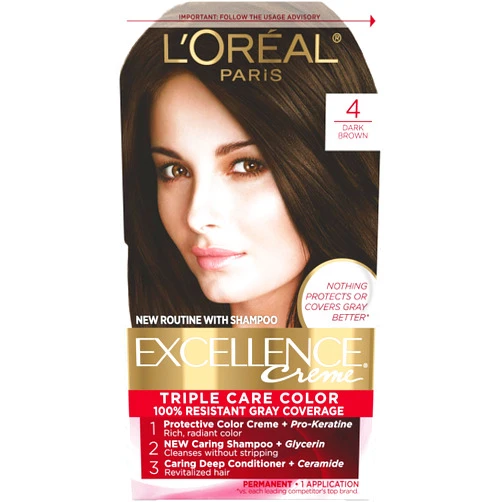 L'Oreal Paris Excellence Creme Permanent Hair Color, 4 Dark Brown, 100 percent Gray Coverage Hair Dye, Pack of 1